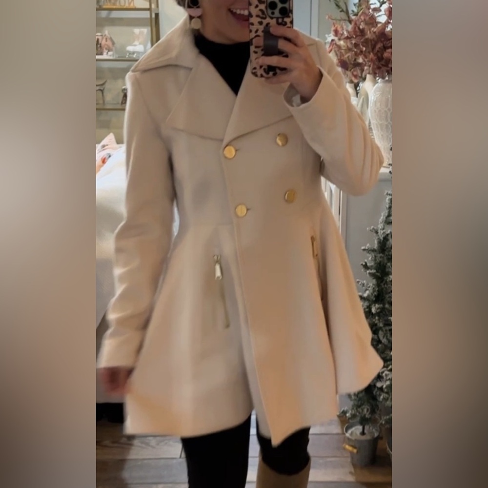 Laundry By Shelli Segal Double Breasted Fit &Flare Cream Pea Coat - Picture 4 of 6
